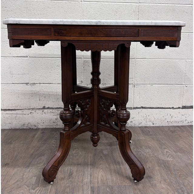 Victorian Antique Victorian Eastlake Renaissance Revival Marble Walnut Center Parlor Table For Sale - Image 3 of 13