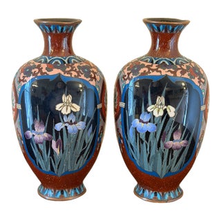 Antique Meiji Period Japanese Cloisonné Enamel Vases With Bird & Floral Decoration - A Pair For Sale
