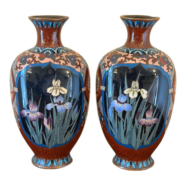 Antique Meiji Period Japanese Cloisonné Enamel Vases With Bird & Floral Decoration - A Pair For Sale