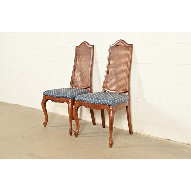 Baker Furniture Style French Provincial Louis XV Carved Walnut and Cane Back Side Chairs or Dining Chairs, Pair For Sale - Image 14 of 14