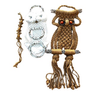 Vintage 70's Jute Owl Wall Hangings-A Set For Sale