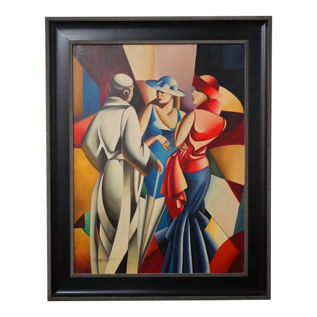 Zancisco Art Deco 3 Lady Oil Painting on Canvas For Sale
