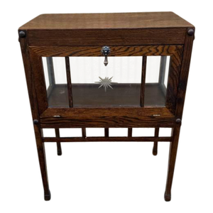Antique English Victorian Oak Wood and Glass Small Display Case Stand Side Table