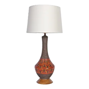 Mid 20th Century Aldo Londi Brown Pottery Table Lamp with Glazed Red & Orange Geometrics