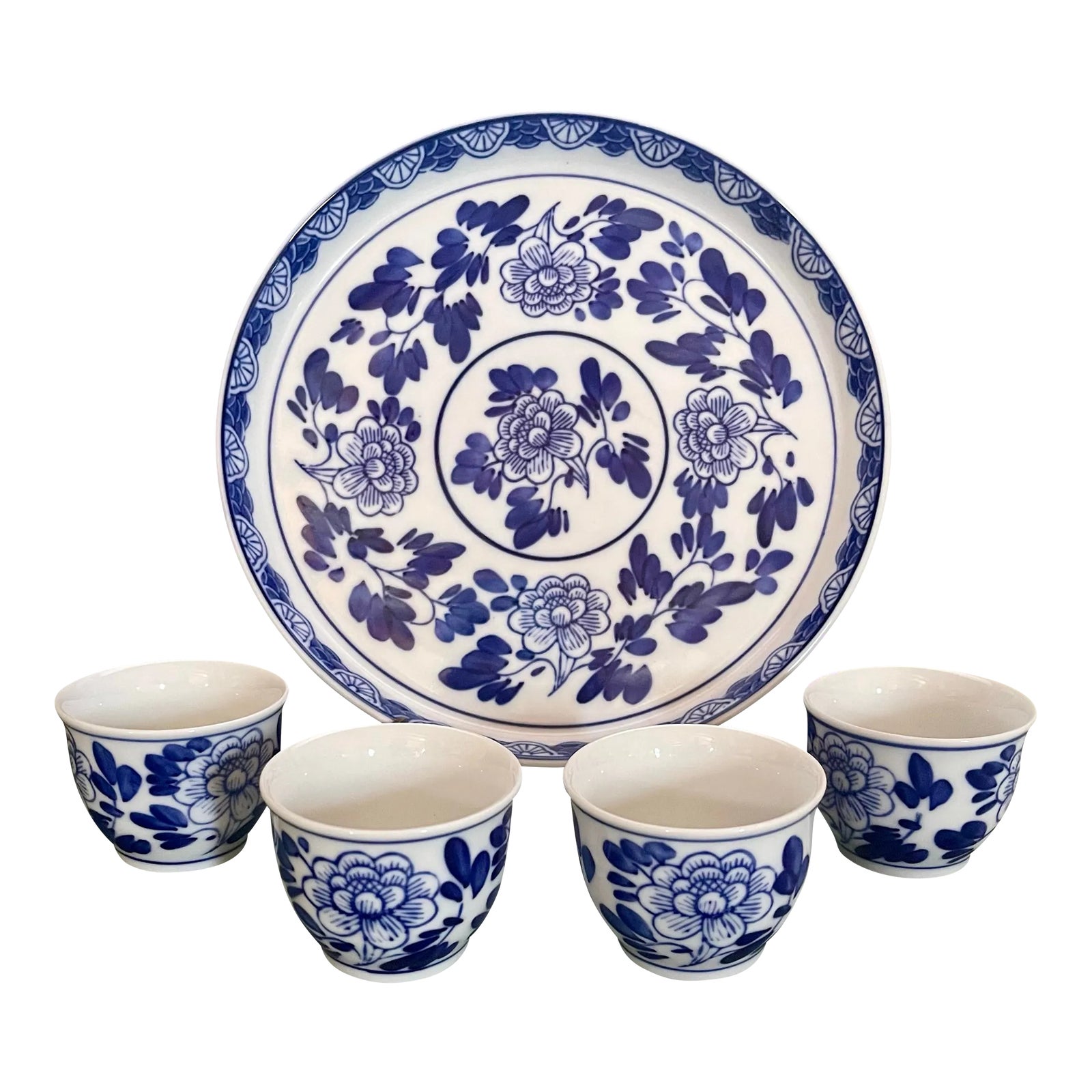 Mid 20th Century Floral Blue and White Tea Set- 4 Cups & a Tray | Chairish