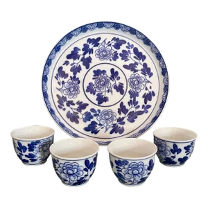 Mid 20th Century Floral Blue and White Tea Set- 4 Cups & a Tray