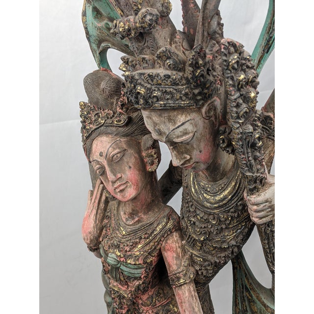 Large Vintage Balinese Polychrome Carved Wood Rama and Sita Sculpture, 32" For Sale - Image 4 of 17