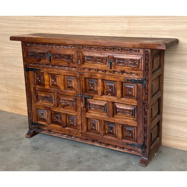 Baroque 19th Spanish Baroque Carved Walnut Tuscan Two Drawer Credenza or Buffet For Sale - Image 3 of 9