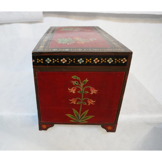 Wood Folk Red Painted Chest With Floral Motifs For Sale - Image 7 of 17