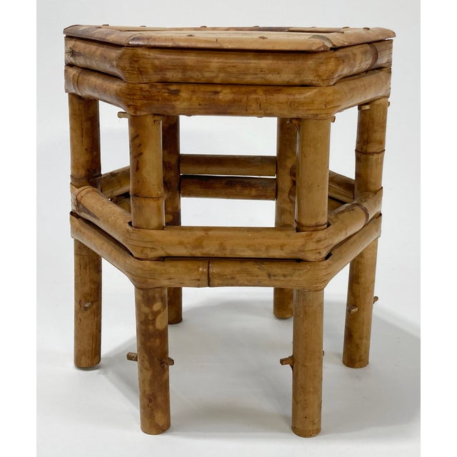 Sturdy vintage hex shaped burnt tortoise shell finish split reed bamboo plant stand, riser or stool. Versatile piece that...