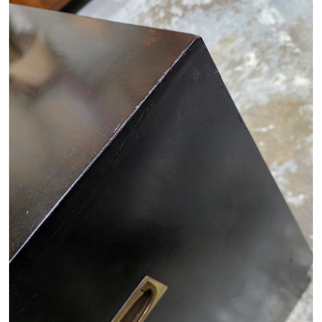 Hollywood Regency Campaign Style Ebonized Mahogany Credenza With Recessed Brass Pulls and Corner Mounts, 1970s For Sale - Image 13 of 15