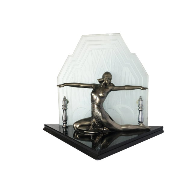 Art Deco Revival Chrome Art Deco Cleopatra Lamp W/ Etched Glass Shade For Sale