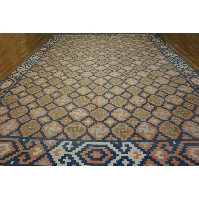 1930s Indian Cotton Dhurrie Carpet ( 12'2" x 15'2" - 371 x 462 ) Antique Large Cotton Blue Flat Weave Rug, Circa Date:...