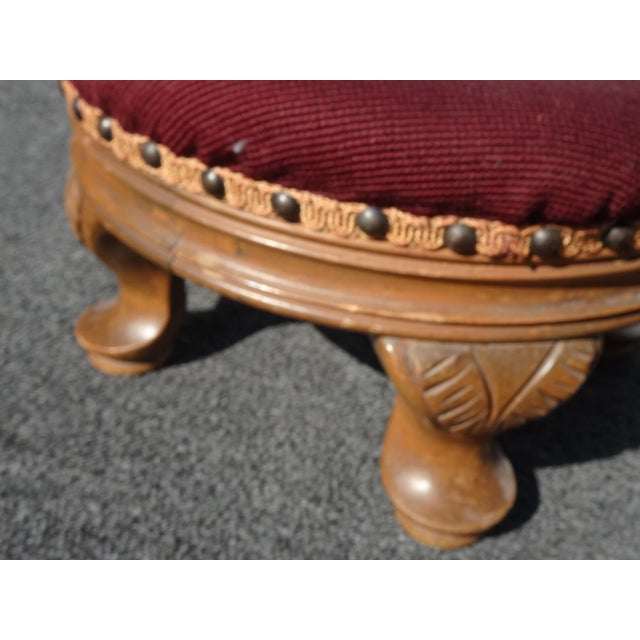 Footstool ~ Vintage French Country Burgundy Floral Round Needlepoint Footstool#2 For Sale - Image 14 of 16