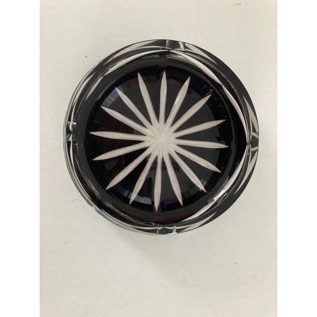 Vintage modern bohemian cut crystal black/clear ashtray 7x2.