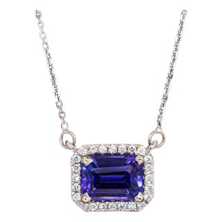 1ct Aaa Tanzanite Necklace W Natural Diamond Halo in 14k White Gold | Em 7x5mm For Sale