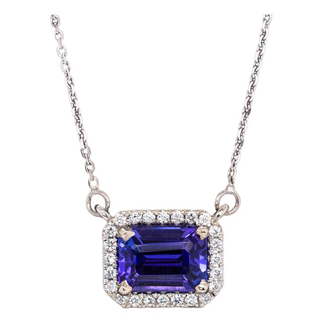 1ct Aaa Tanzanite Necklace W Natural Diamond Halo in 14k White Gold | Em 7x5mm For Sale