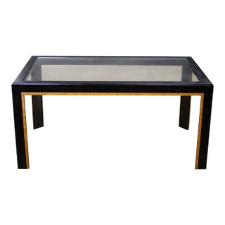 1970-1980’s Modern Campaign Parsons Style Dining Table Black Painted W/Faux Rattan Trim & Glass Inset For Sale