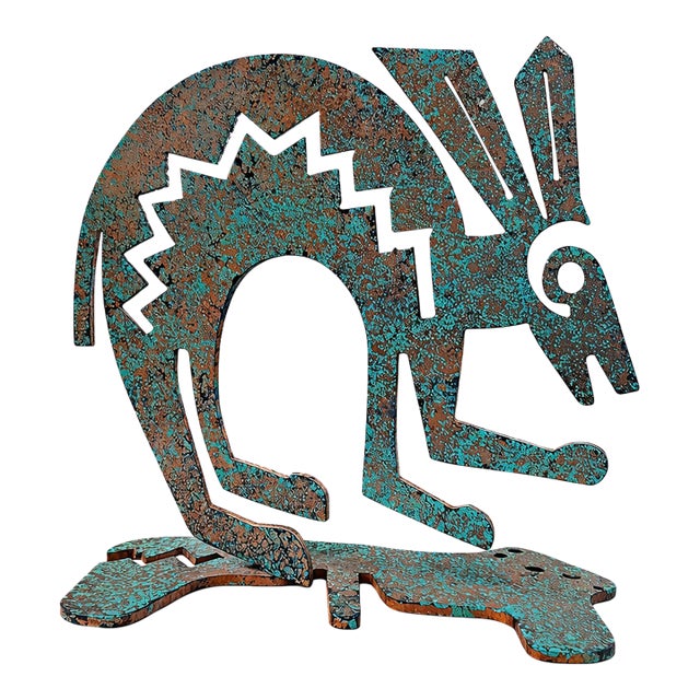 Late 20th Century Southwestern Kokopelli Style Metal Sculpture – Hand-Painted Patina Tabletop Art For Sale