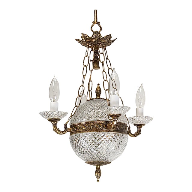 Antique 5 Light Baccarat Style Empire Brass Crystal Chandelier ~ Pair Available For Sale