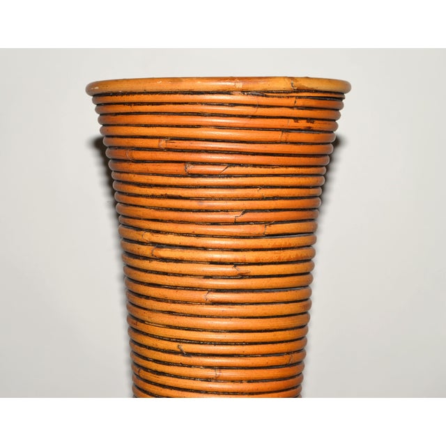Wood 1970s Tall Bohemian Brown Reed Cane Bamboo Handcrafted Tall Cone Shape Floor Vase For Sale - Image 7 of 12