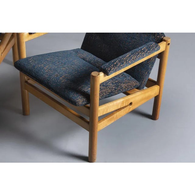 Mid-Century Modern Set of Armchairs in Teak with Blue Patterned Cushions, 1969 For Sale - Image 3 of 7