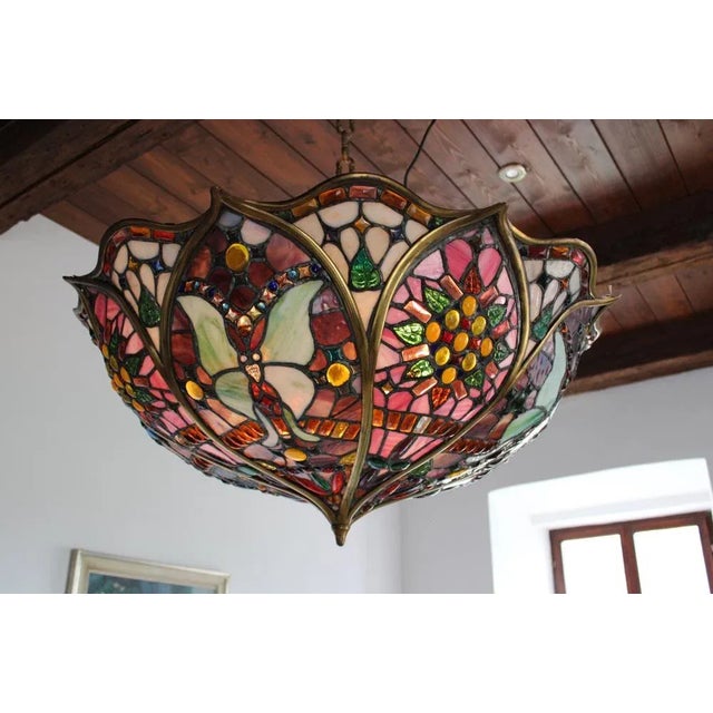 Stained Glass Chandelier in the style of Tiffany, 1975 For Sale - Image 4 of 5