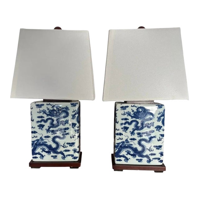 Contemporary Ralph Lauren Blue and White Petite Square Lamps With Dragon Design and Square Fabric Shades - a Pair For Sale