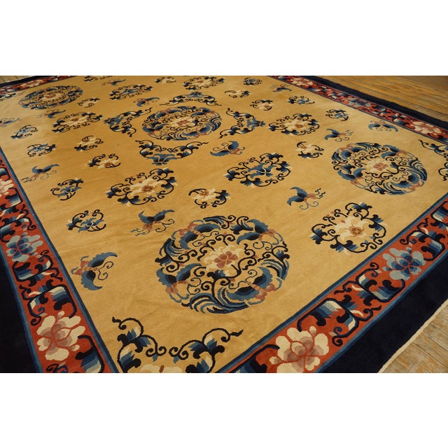 1980s Beige Medallion Vintage Modern Chinese Peking Carpet 9'4" X 12'3" Knotted Wool Rug For Sale - Image 10 of 12
