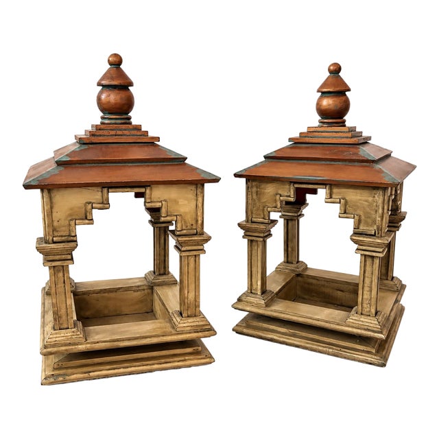 Vintage Asian-Inspired Pagoda Lantern Stands With Distressed Finish and Faux Verdi Gris Copper Roofs, a Pair For Sale