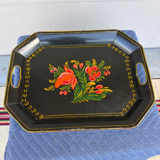 A Very Nice Vintage Hand-Painted Toleware Tray, Circa 1940s For Sale - Image 18 of 18