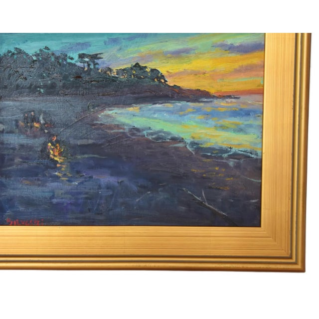 Campfire on beach seascape landscape oil painting on artist board by listed artist Silvio Silvestri (1948-2018.) Silvestri...