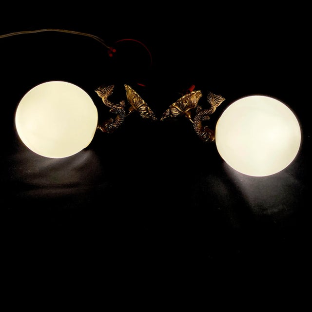 French Provincial French Brass Dolphin / Dauphin Sconces and Chandelier With Glass Shades For Sale - Image 3 of 11