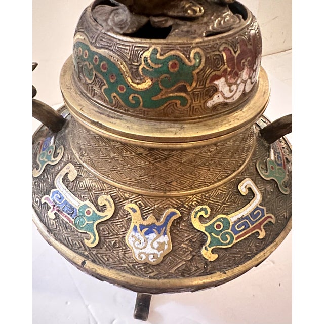 Metal Early 20th Century Chinese Foo Dog Bronze Cloisonné Censor For Sale - Image 7 of 12