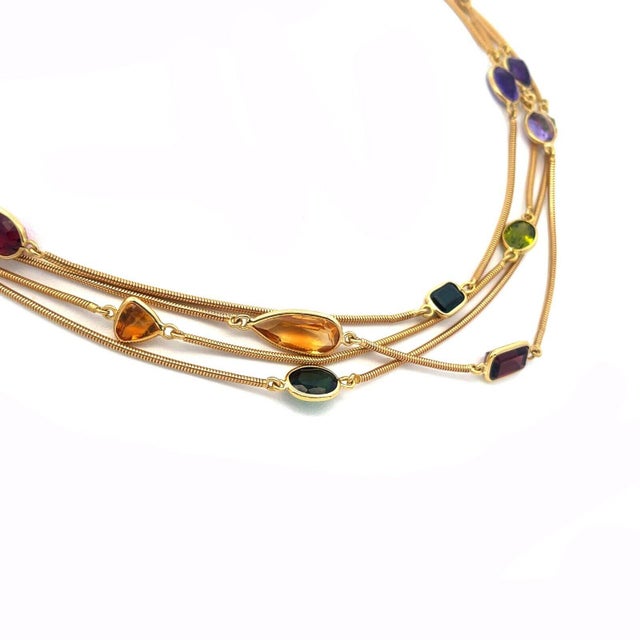 Gold Necklace Multi-Color Gems 18kYellow Snake Chain 90" For Sale In Miami - Image 6 of 7