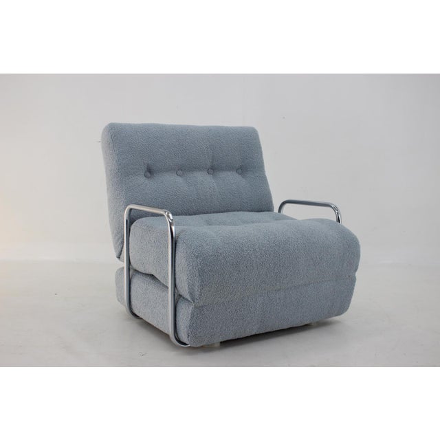 Convertible to bed - newly upholstered in light blue bouclé fabric - unfolded 188 x 22.