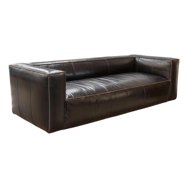 Contemporary Modern Four Hands Nolita Reverse Stitch Black Leather Sofa For Sale