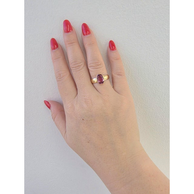 Vintage Finnish 1.80 Carat Pink Oval Gemstone Tourmaline Bezel Rose Gold Ring, Size 7.75 For Sale In Los Angeles - Image 6 of 6