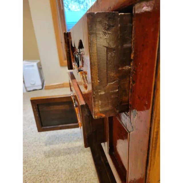 Antique Chinese Red Three Drawer, Two Door Cabinet Buffet For Sale - Image 10 of 10