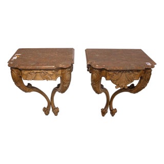 Pair of Antique French Regence Style Carved Console Tables With Marble Tops For Sale