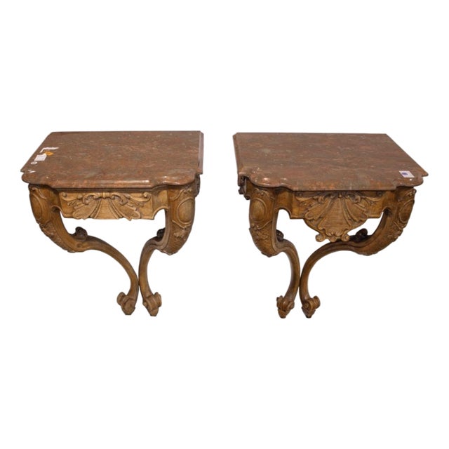 Pair of Antique French Regence Style Carved Console Tables With Marble Tops For Sale