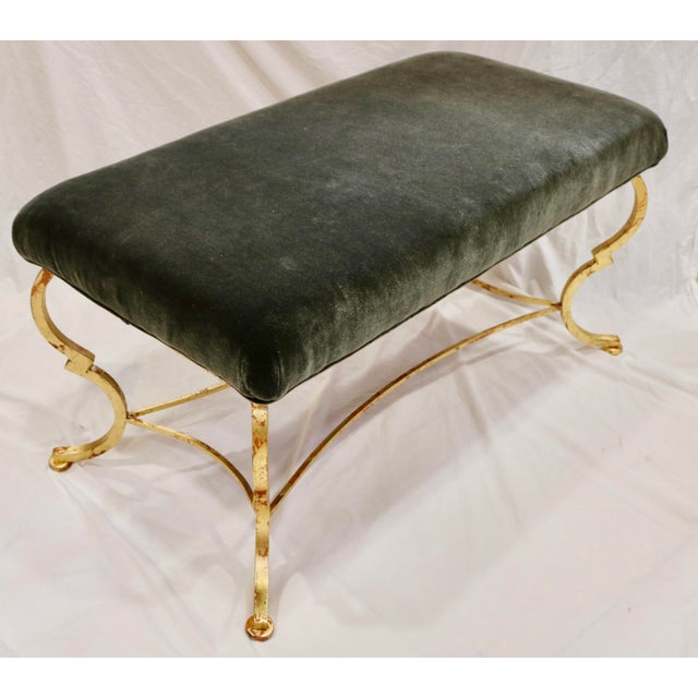 Vintage Bench Gilt Gold Leaf Over Iron Frame With Silk Velvet Gray Green Upholstery
