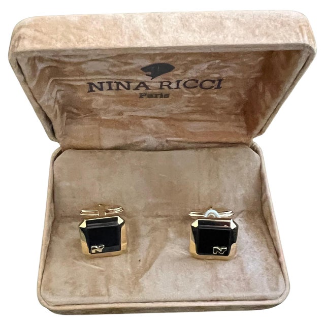 Rare Vintage Nina Ricci Gold & Black Cufflinks Logo Circa "1980" Original Case For Sale - Image 15 of 18