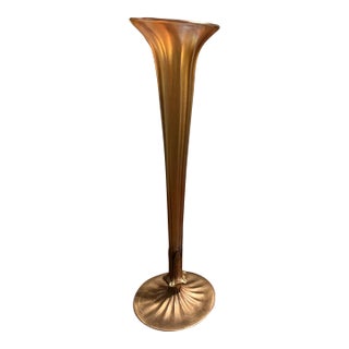 Antique 18" l.c. Tiffany Favrile Iridescent Trumpet Vase With Tiffany Furnaces Bronze Base For Sale