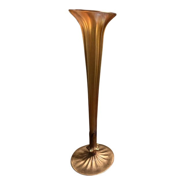 Antique 18" l.c. Tiffany Favrile Iridescent Trumpet Vase With Tiffany Furnaces Bronze Base For Sale