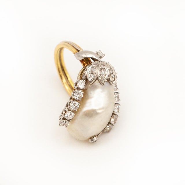 Mid 20th Century 18k Yellow Gold and White Gold Gia Certified Natural Pearl Diamond Ring, Size 6.5 For Sale - Image 4 of 11