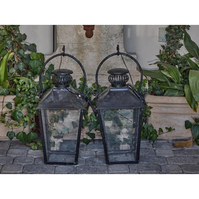 Black Mid 20th Century English Country House Iron Lanterns with Glass Panels, Unwired - a Pair For Sale - Image 8 of 8