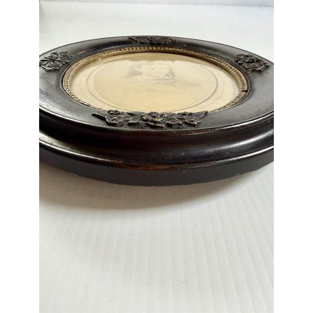 Antique Oval Deep Dark Wood Picture Frame Gold Floral Detail With Photo of a Girl 12x14” For Sale - Image 12 of 13