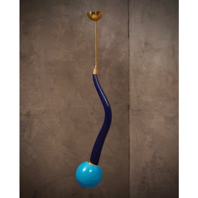 Murano Round Blue Glass and Brass Pendant Light, 1960 For Sale - Image 9 of 11