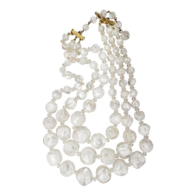 Vintage Signed Hattie Carnegie White/Clear Givre Beaded 3-Strand Necklace For Sale